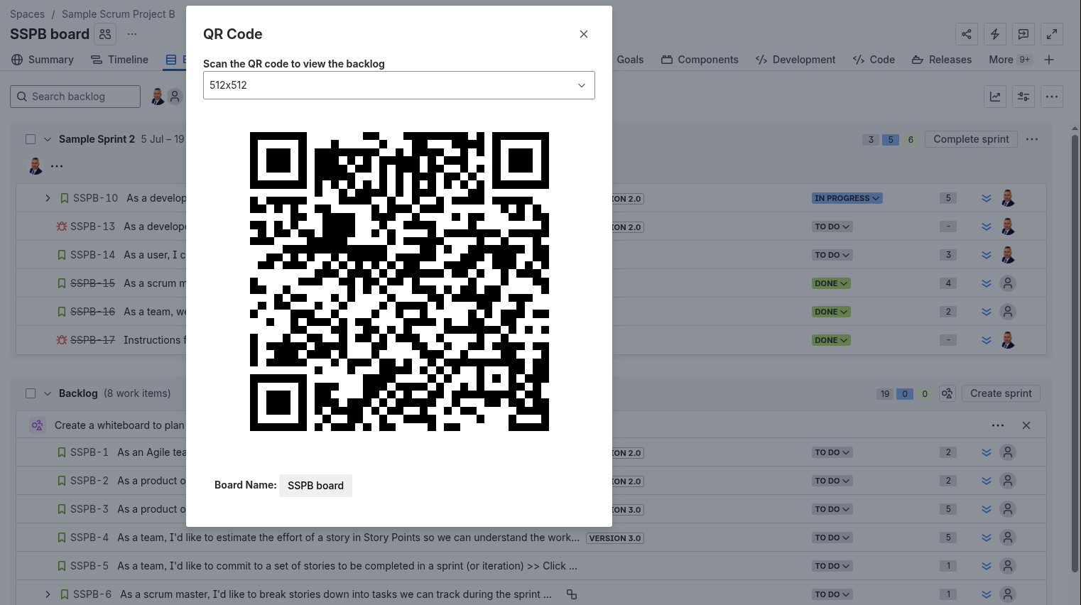 QR code action on the backlog